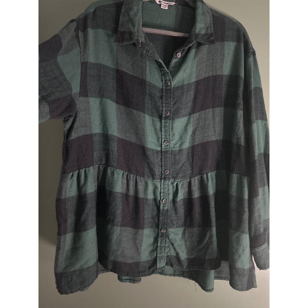 American Eagle Size L Plaid Button Down Blouse Ruffle Hem Boho Retro Y2K Vintage